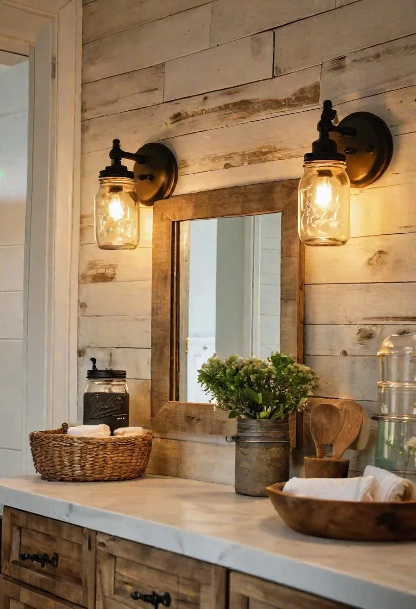 24 Chic Farmhouse Bathroom Designs for Cozy Living 14 2. DIY Mason Jar Wall Sconces-1