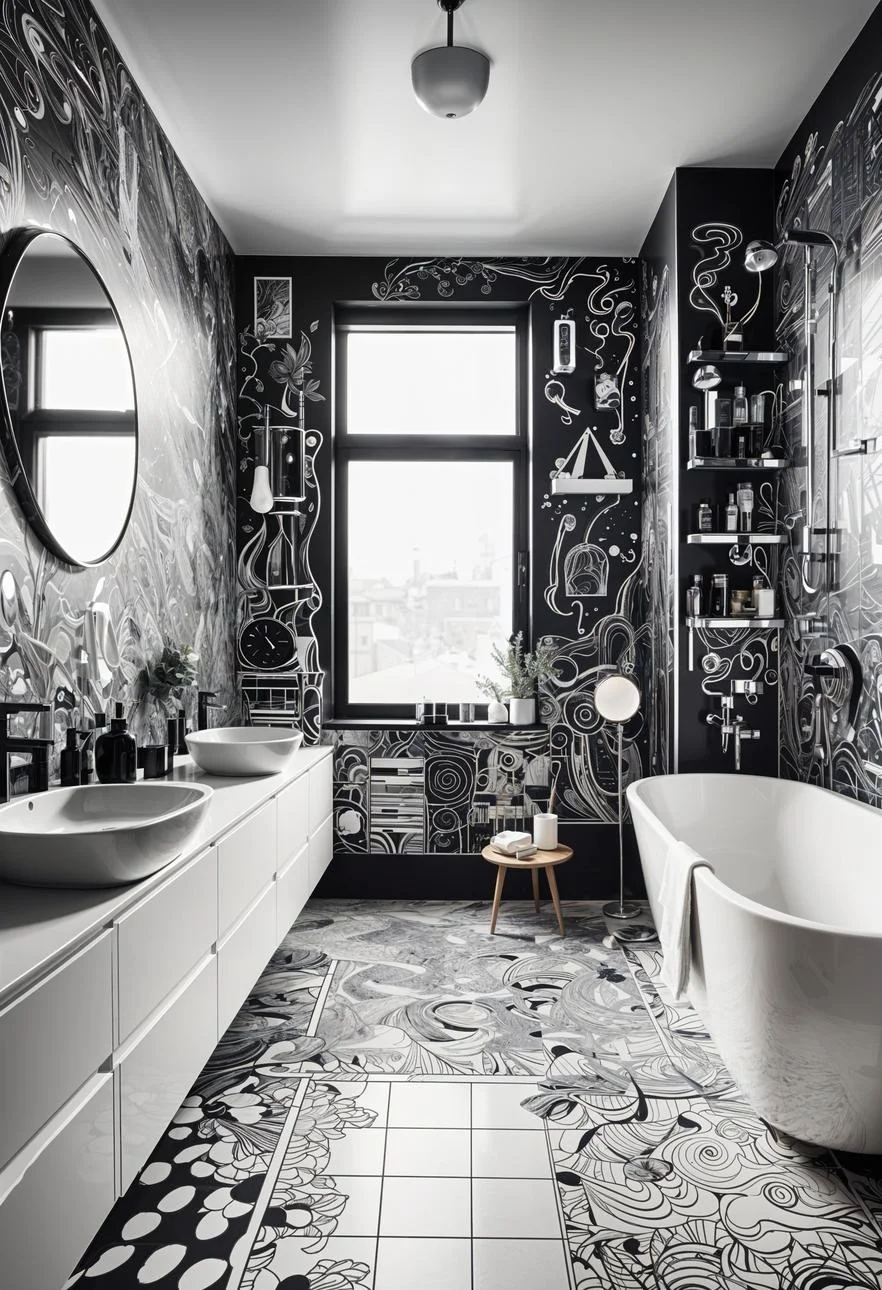 19 Stunning Black and White Bathroom Designs to Inspire You 23 19. Doodle Art Wall Inspiration-0