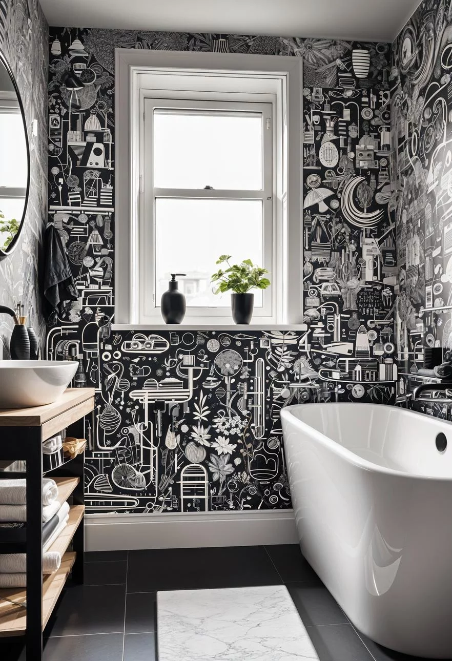 19 Stunning Black and White Bathroom Designs to Inspire You 26 19. Doodle Art Wall Inspiration-3