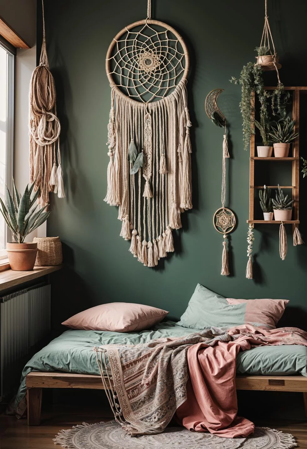 31 Chic Sage Green and Pink Bedroom Inspirations 3 1. Dreamy Boho Bedroom Decor-1
