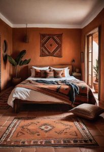 36 Earthy Bedroom Ideas for a Serene Space 1 14. Earthy Flooring and Tribal Rugs-0