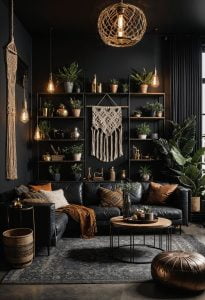 35 Gorgeous Dark Boho Living Room Inspirations 1 14. Eclectic Industrial Boho Living Room-1
