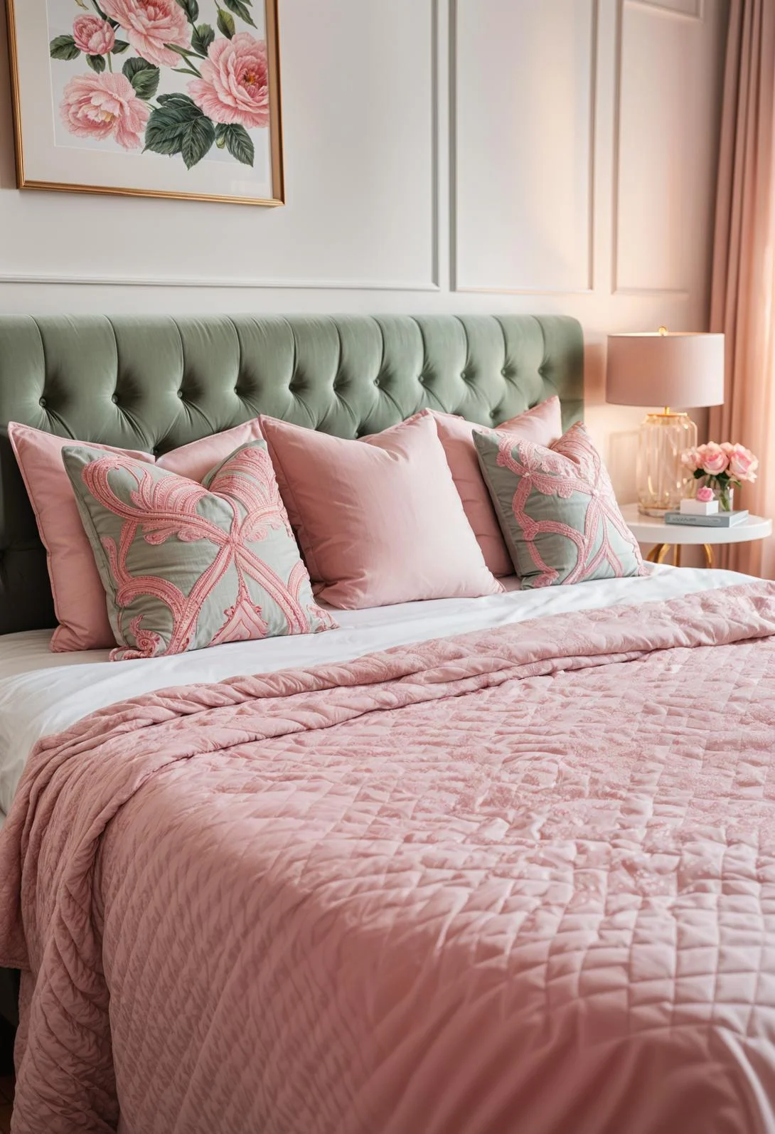 31 Chic Sage Green and Pink Bedroom Inspirations 39 26. Embroidered Throw Pillows: Sage Pink-1