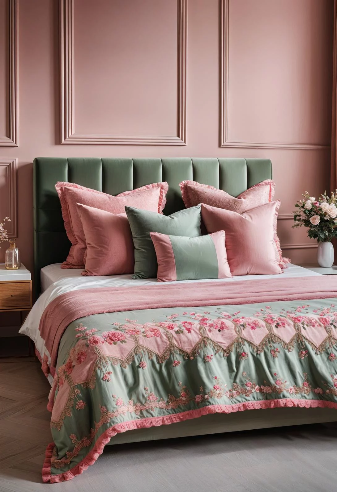 31 Chic Sage Green and Pink Bedroom Inspirations 41 26. Embroidered Throw Pillows: Sage Pink-3
