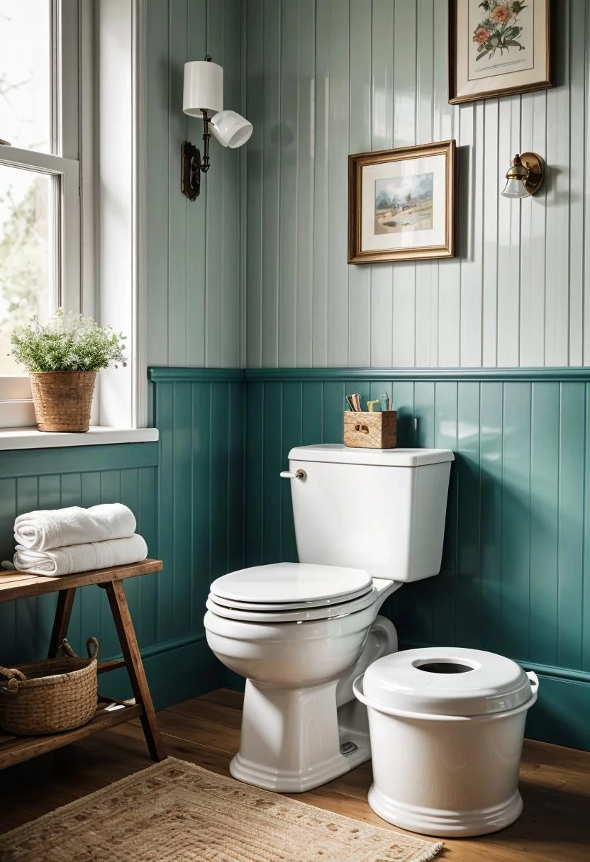 24 Chic Farmhouse Bathroom Designs for Cozy Living 29 13. Enamel Bucket Toilet Paper Holder-1