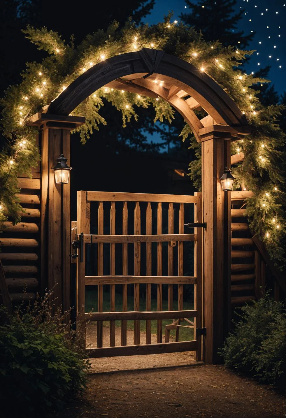 19 Inspiring Farmhouse Gate Ideas for Charming Entrances 20 13. Enchanting Cedar Post Gate Lights-1