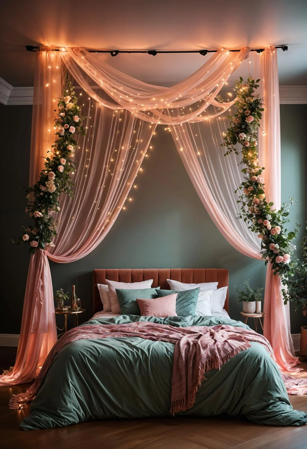 31 Chic Sage Green and Pink Bedroom Inspirations 13 7. Enchanting Fairy Lights Canopy Made_of SageGreen & Pink-0