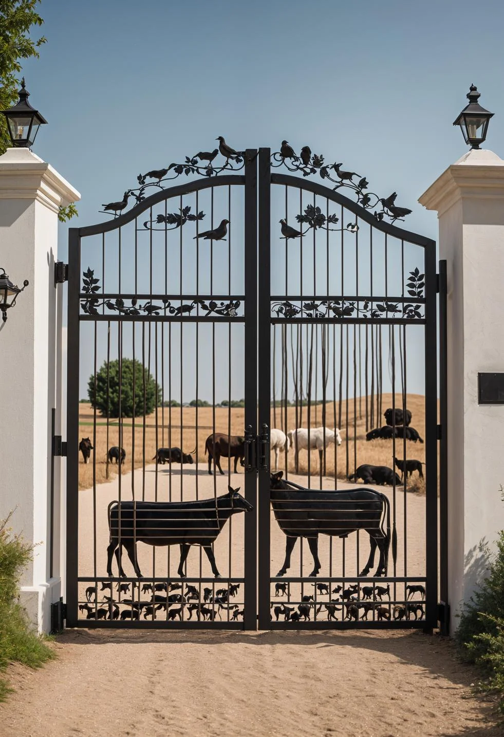 19 Inspiring Farmhouse Gate Ideas for Charming Entrances 16 11. Farm Animal Metal Gate Art-0