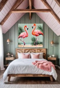 31 Chic Sage Green and Pink Bedroom Inspirations 1 3. Flamingo Decals on Sage Walls-0
