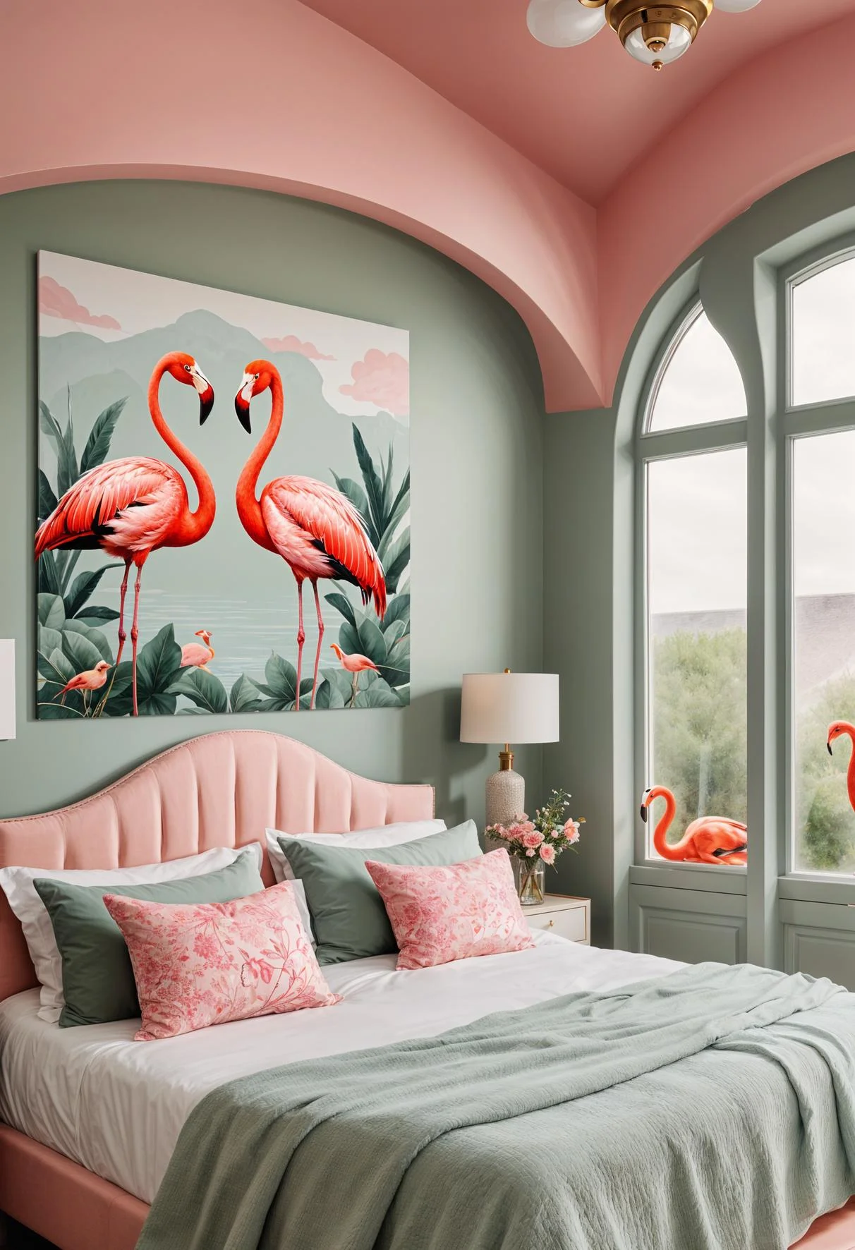 31 Chic Sage Green and Pink Bedroom Inspirations 7 3. Flamingo Decals on Sage Walls-1