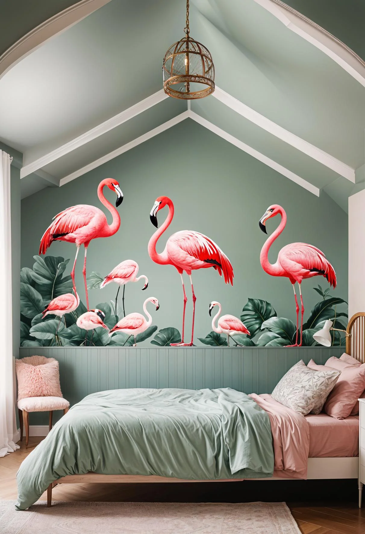 31 Chic Sage Green and Pink Bedroom Inspirations 8 3. Flamingo Decals on Sage Walls-2
