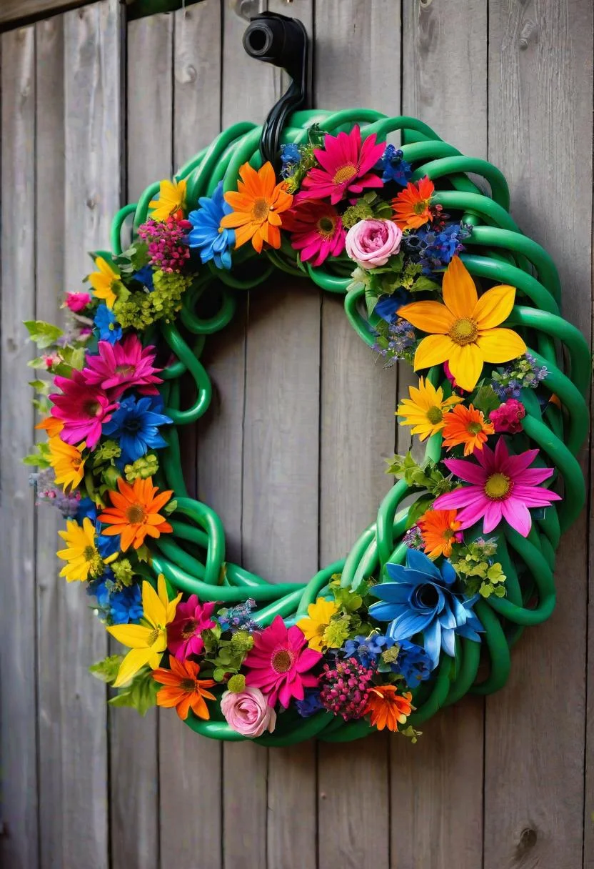 41 Stunning Garden Decor Ideas for an Aesthetic Backyard 22 17. Floral Garden Hose Wreath-0
