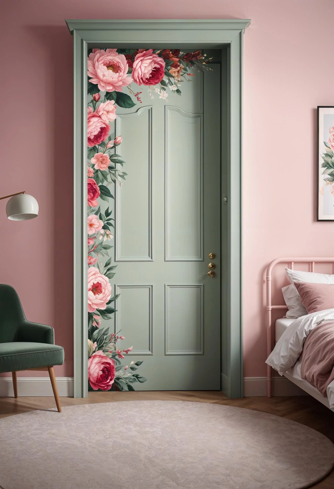31 Chic Sage Green and Pink Bedroom Inspirations 36 25. Floral Sage Pink Bedroom Door-0