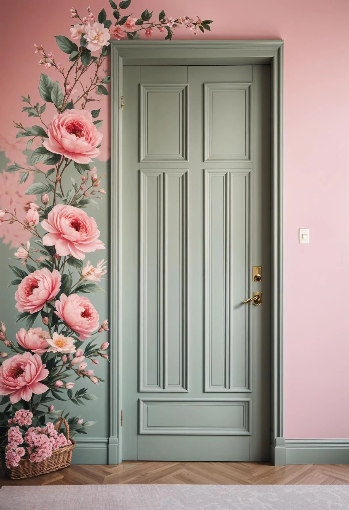 31 Chic Sage Green and Pink Bedroom Inspirations 37 25. Floral Sage Pink Bedroom Door-1