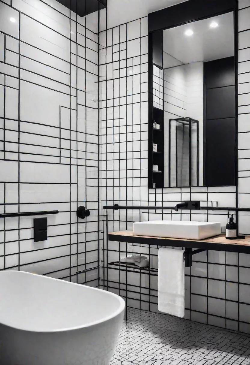19 Stunning Black and White Bathroom Designs to Inspire You 2 1. Geometric Tile Patterns in Monochrome-0