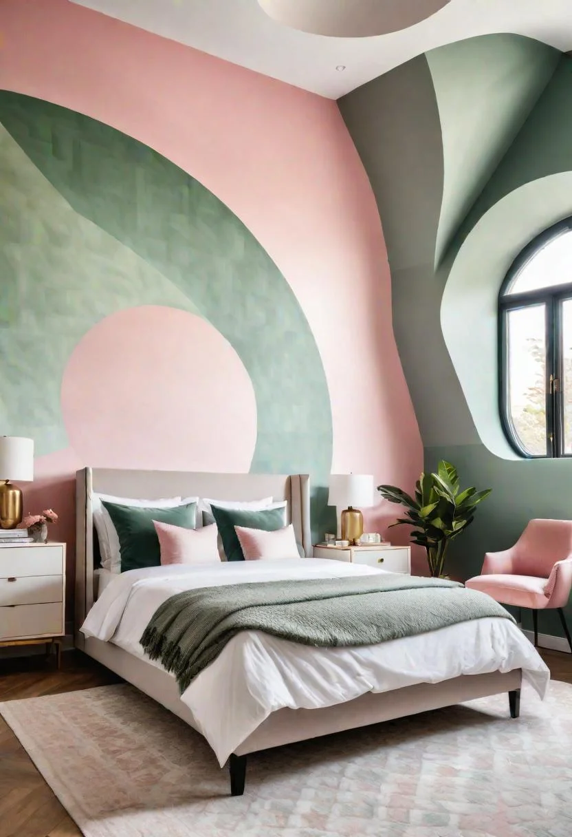 31 Chic Sage Green and Pink Bedroom Inspirations 10 4. Geometric Wall Murals: Sage & Pink-1