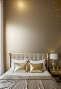 35 Stunning Bedroom Accent Walls For A Cozy Makeover - Lovely Harbor - Apartment Metallic Accent Wall For Small Spaces Trends