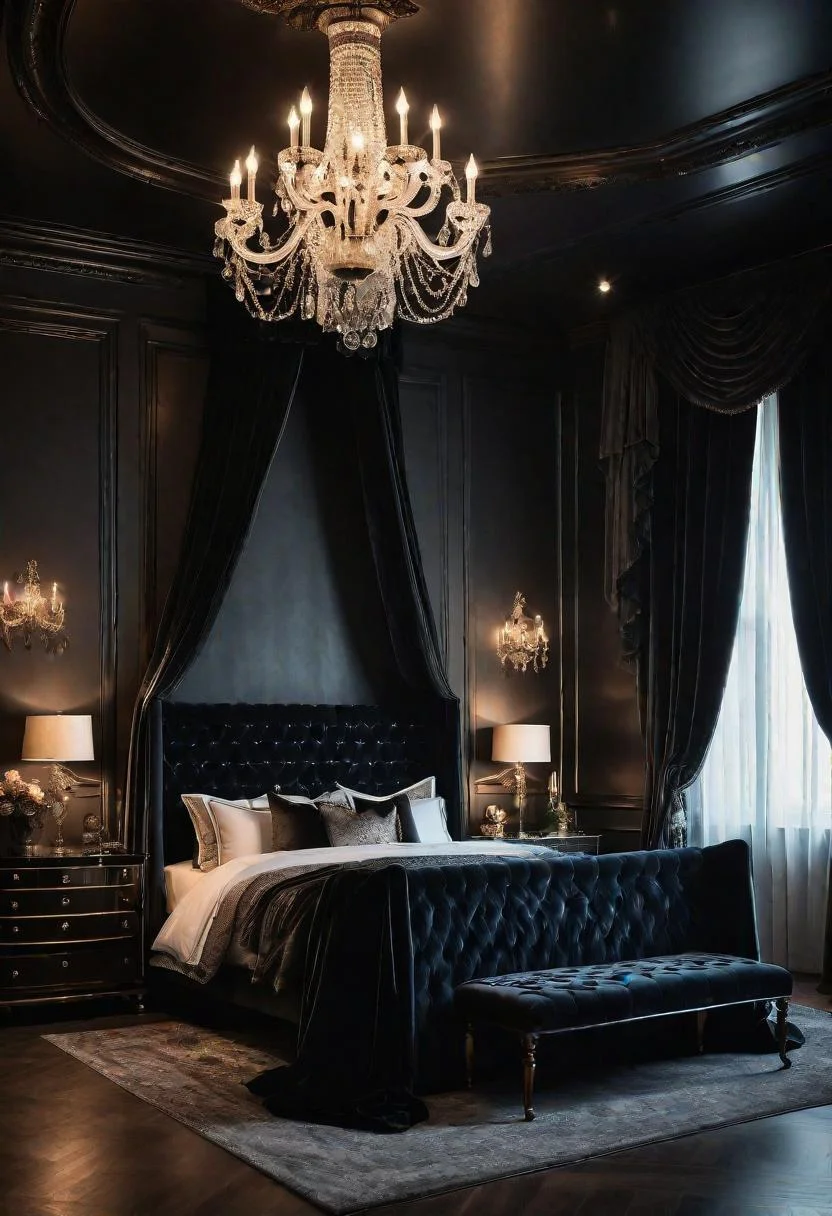 22 Enchanting Dark Feminine Bedroom Ideas to Inspire You 7 2. Gothic Glamour Bedroom Decor-0