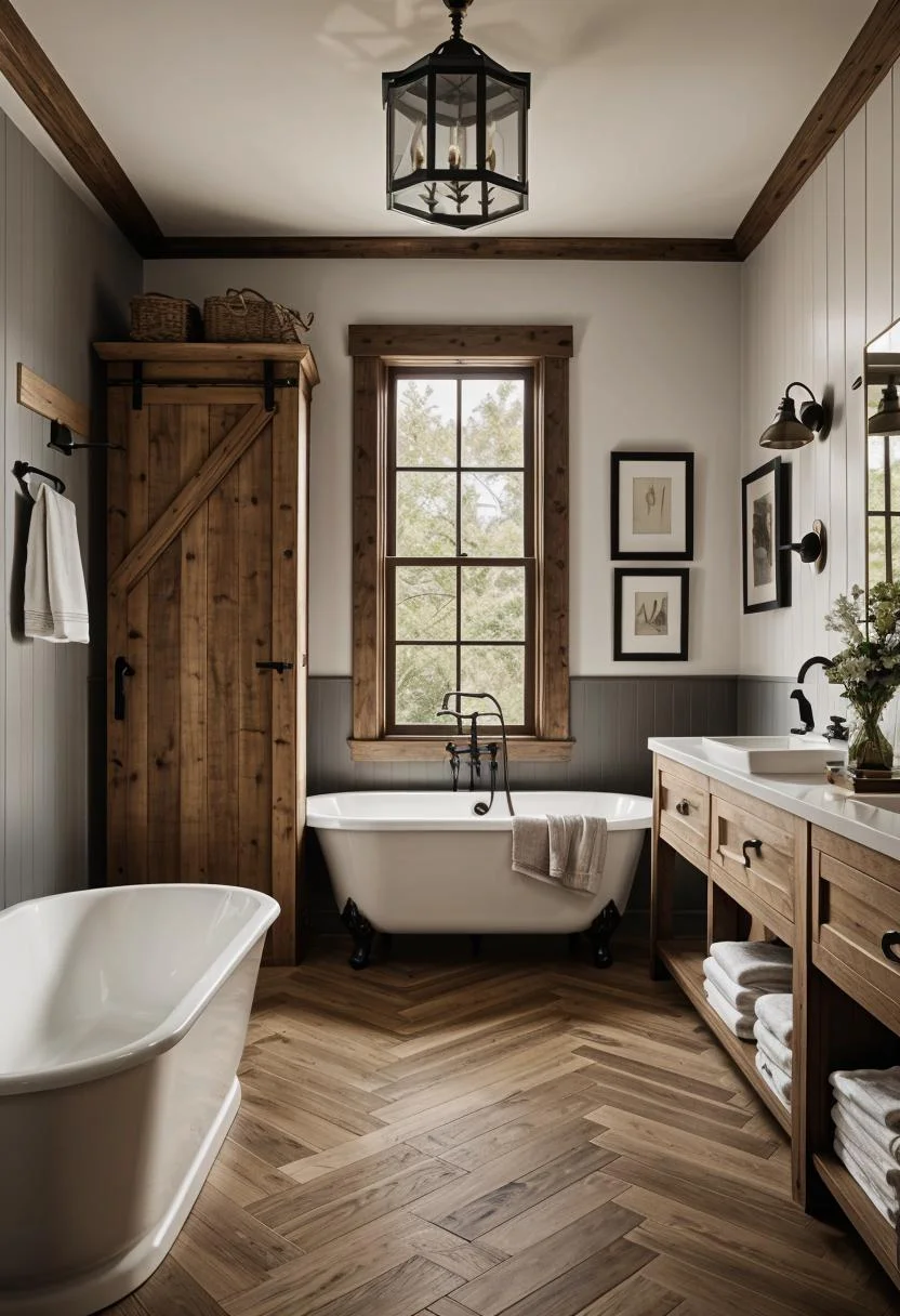 24 Chic Farmhouse Bathroom Designs for Cozy Living 41 22. Herringbone Tile Flooring Inspiration-0