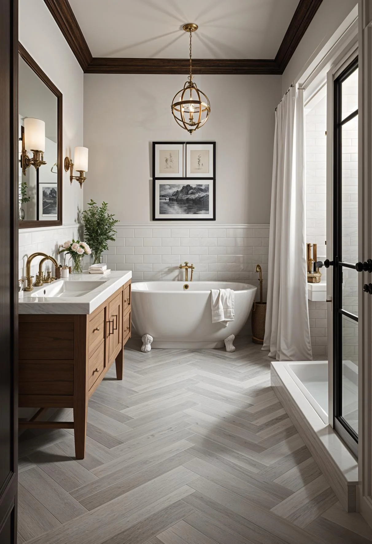 24 Chic Farmhouse Bathroom Designs for Cozy Living 42 22. Herringbone Tile Flooring Inspiration-1