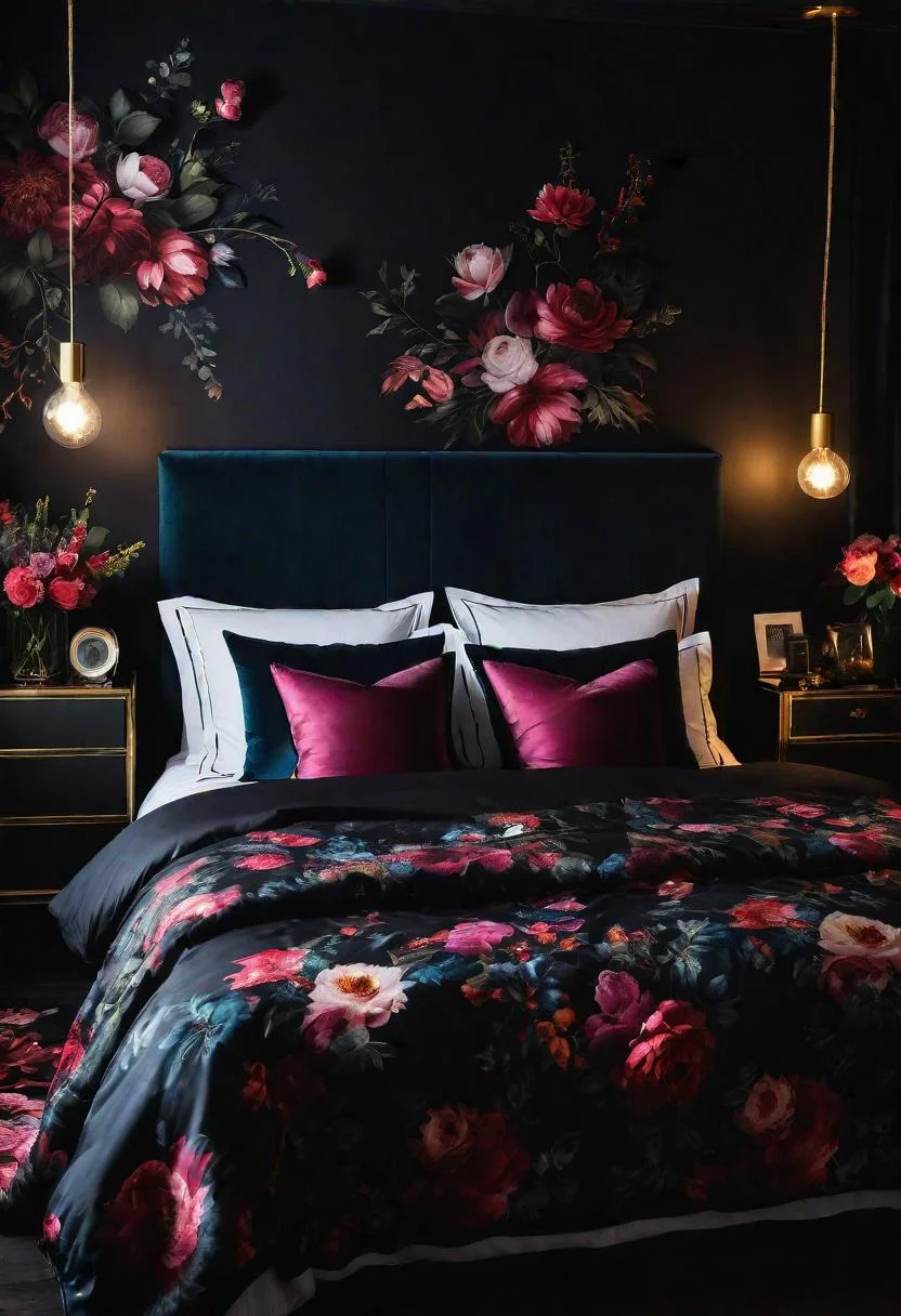 22 Enchanting Dark Feminine Bedroom Ideas to Inspire You 43 12. Midnight Bloom Floral Bedrooms-0