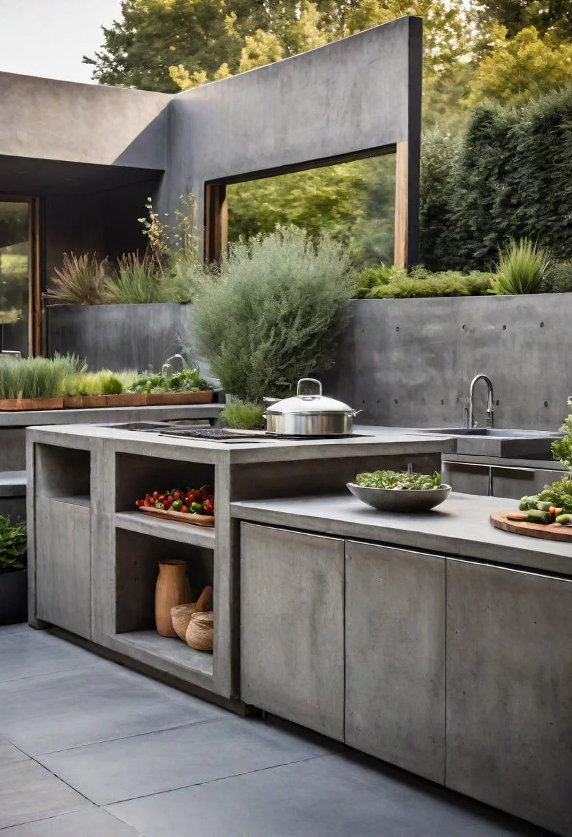 39 Stunning Outdoor Kitchen Ideas: With Style and Functionality 17 13. Modern Concrete Kitchen with Herb-Garden-1
