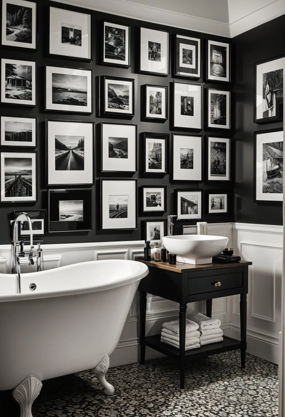 19 Stunning Black and White Bathroom Designs to Inspire You 13 11. Monochrome Photo Gallery Wall-0