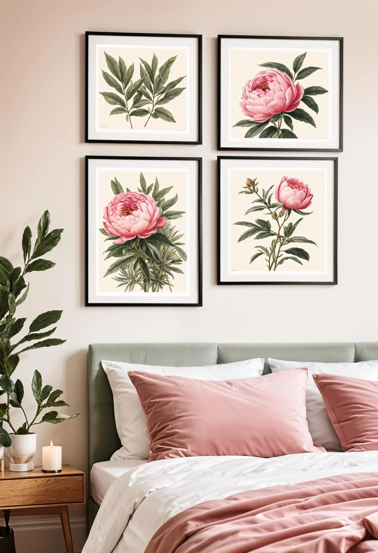 31 Chic Sage Green and Pink Bedroom Inspirations 16 9. Nature-Inspired Artwork in Bedroom-0