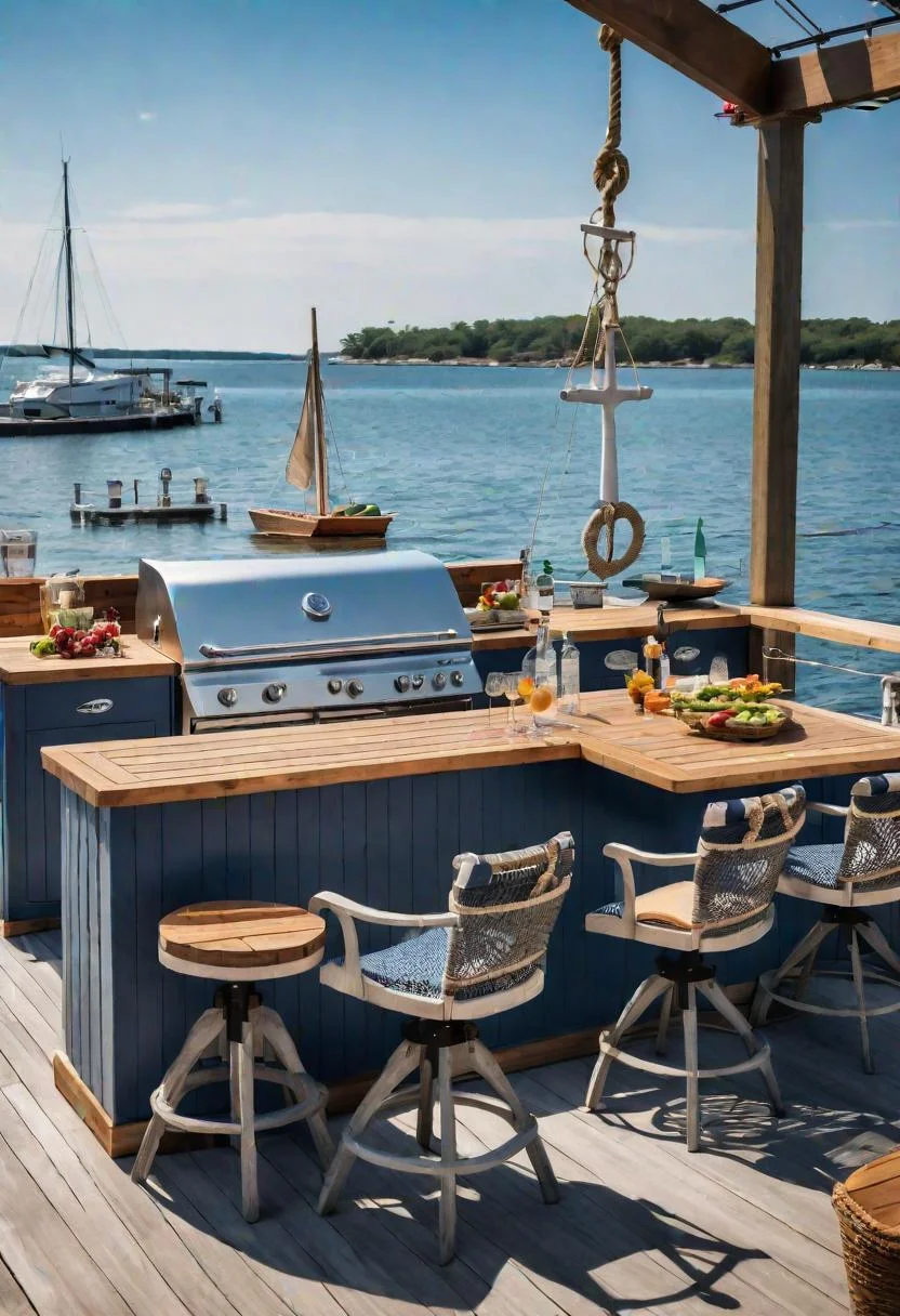 39 Stunning Outdoor Kitchen Ideas: With Style and Functionality 32 26. Nautical Dockside Kitchen with Boat Seating-1