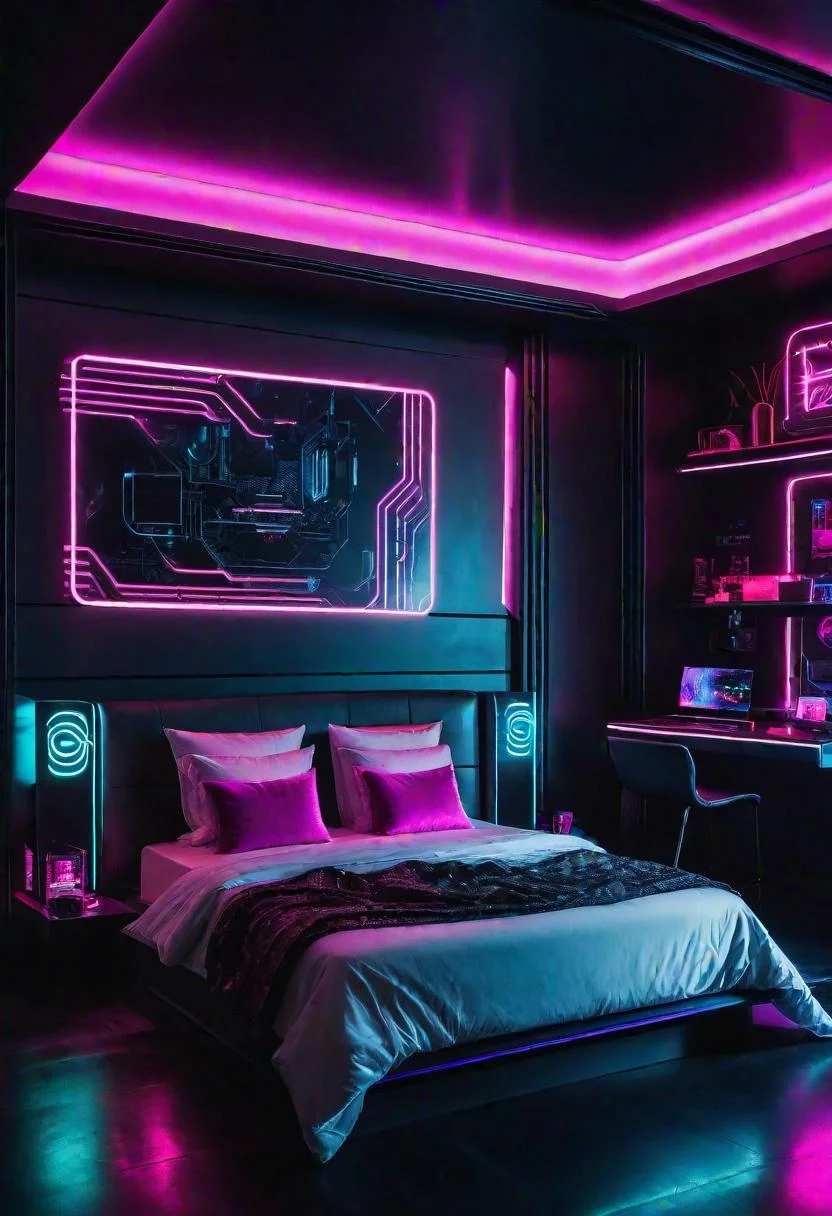 22 Enchanting Dark Feminine Bedroom Ideas to Inspire You 81 21. Neon Cyberpunk Bedroom Inspo-1