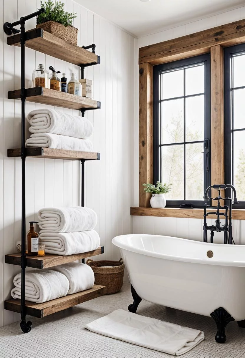24 Chic Farmhouse Bathroom Designs for Cozy Living 34 16. Pipe Shelving for Farmhouse Bathroom-0