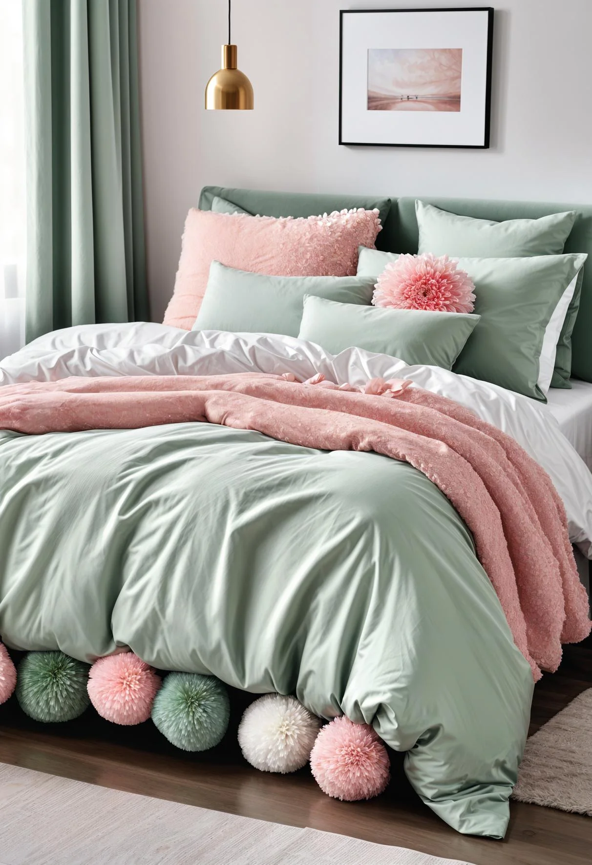 31 Chic Sage Green and Pink Bedroom Inspirations 47 31. Pom Pom Sage Pink Bedding-0