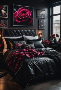 22 Enchanting Dark Feminine Bedroom Ideas to Inspire You 1 22. Rebel Rose Bedroom Vibes-0