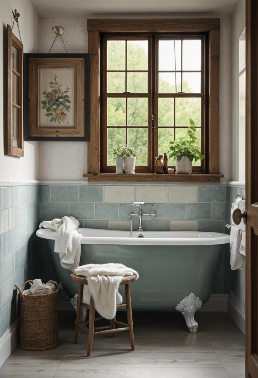 24 Chic Farmhouse Bathroom Designs for Cozy Living 25 10. Repurposed Window Wall Decor-1