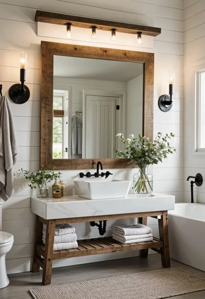 24 Chic Farmhouse Bathroom Designs for Cozy Living 2 4. Rustic Bathroom Mirror Frames-0