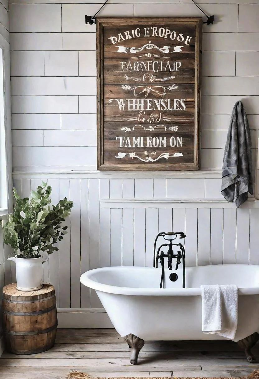24 Chic Farmhouse Bathroom Designs for Cozy Living 39 20. Rustic Bathroom Quote Sign-0