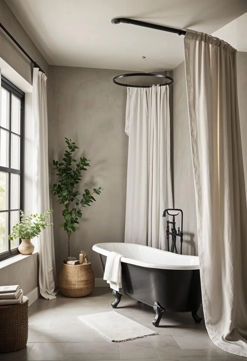 24 Chic Farmhouse Bathroom Designs for Cozy Living 21 7. Rustic Linen Shower Curtains-0