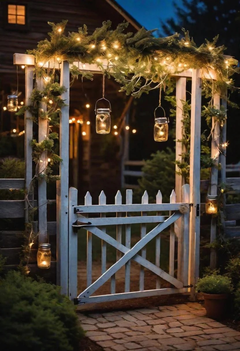 19 Inspiring Farmhouse Gate Ideas for Charming Entrances 11 7. Rustic Mason Jar Gate Lighting-1