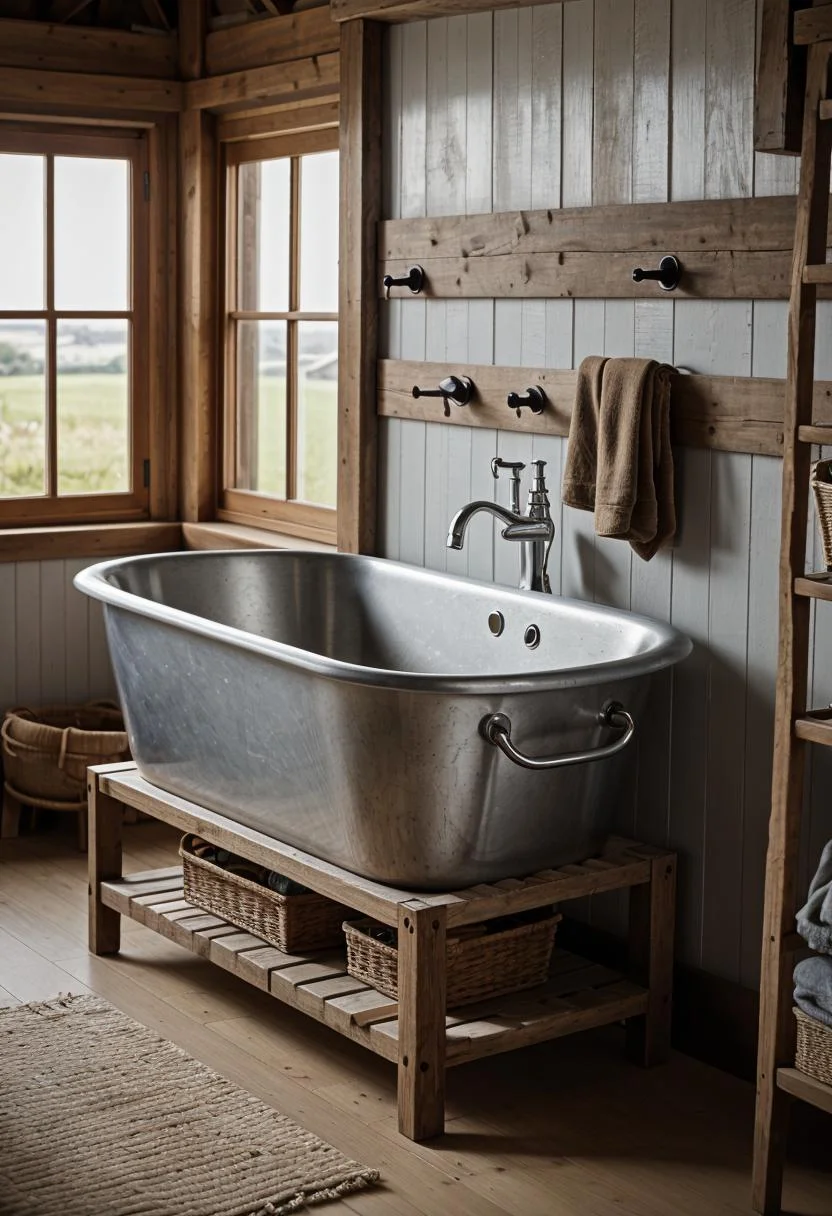 24 Chic Farmhouse Bathroom Designs for Cozy Living 17 3. Rustic Sink: Galvanized Tub Basin-0