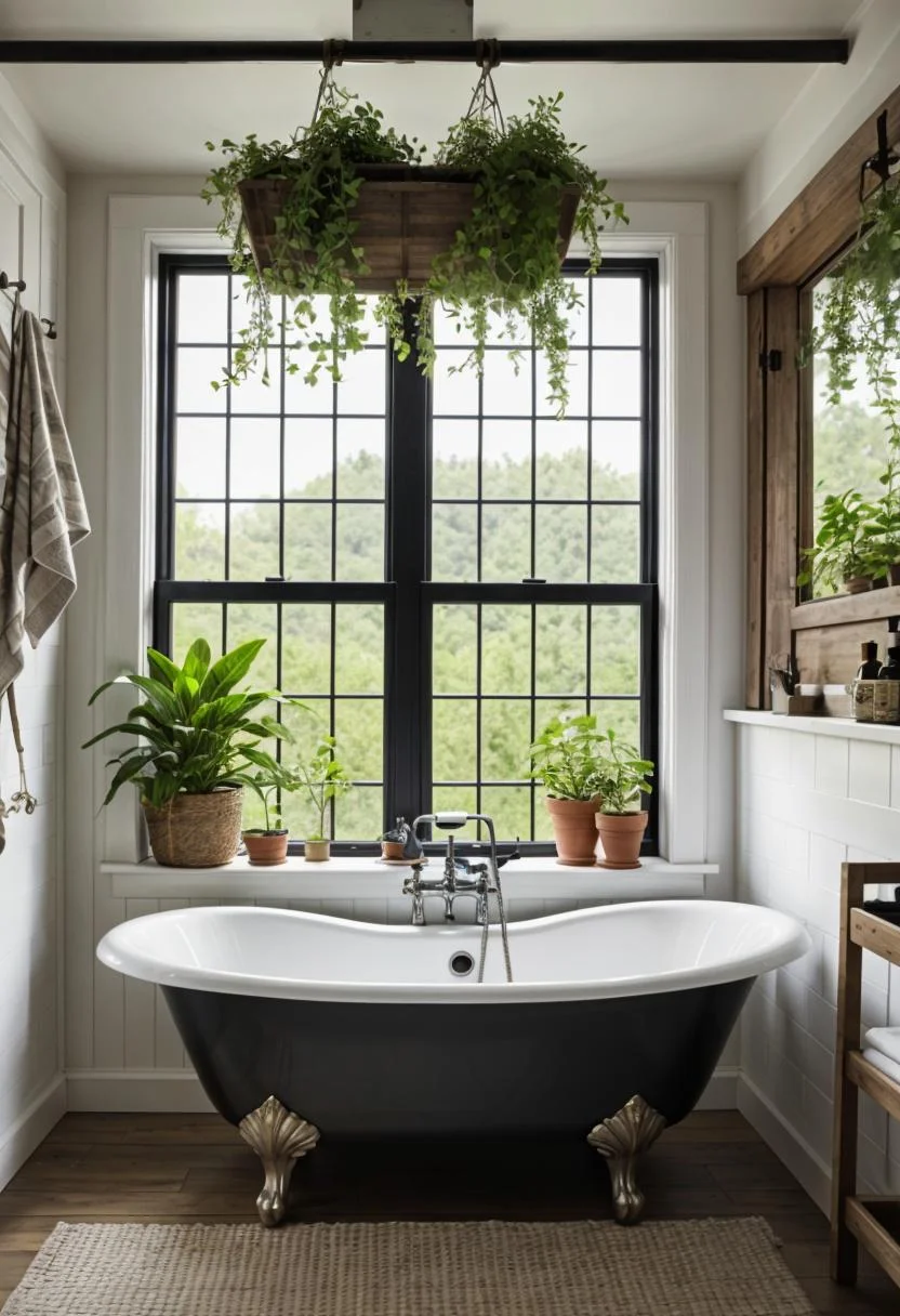 24 Chic Farmhouse Bathroom Designs for Cozy Living 27 12. Rustic Tub Shower Caddy Combo-0