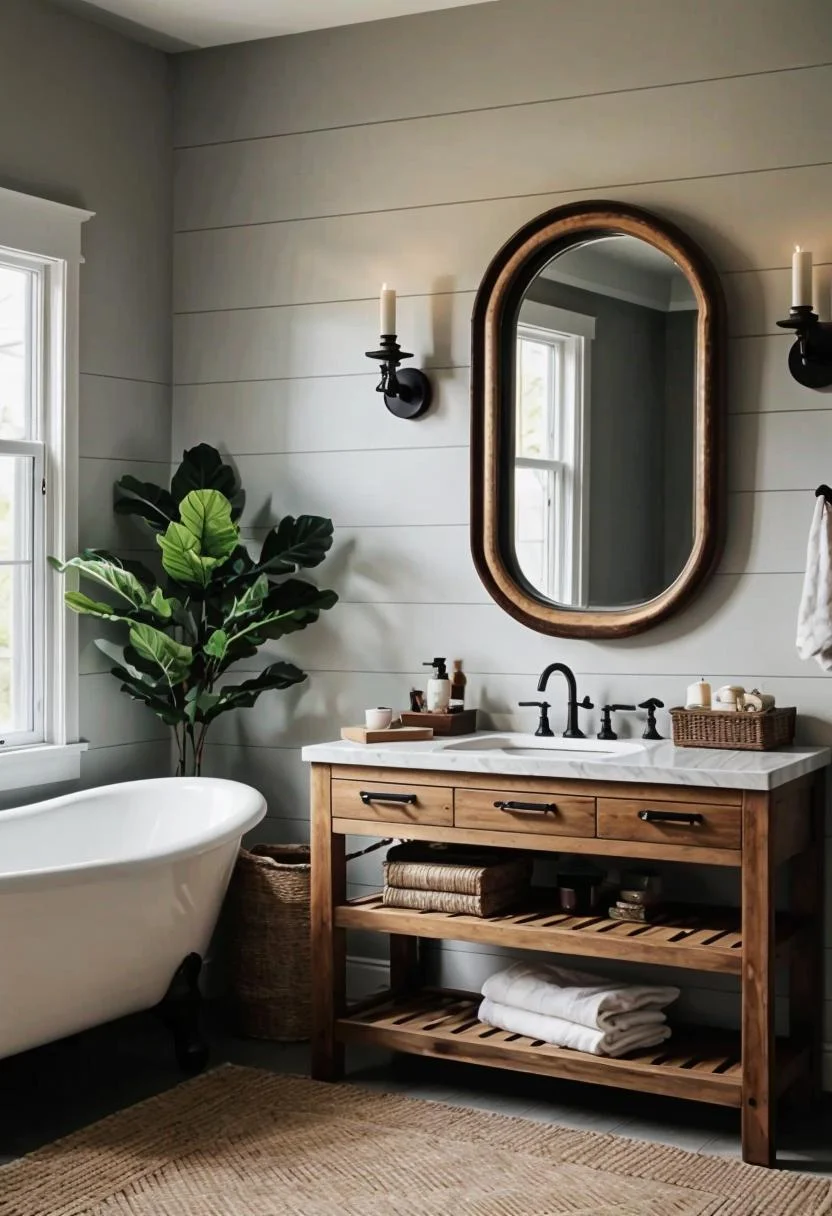 24 Chic Farmhouse Bathroom Designs for Cozy Living 46 24. Rustic Vanity Seat Trend-0