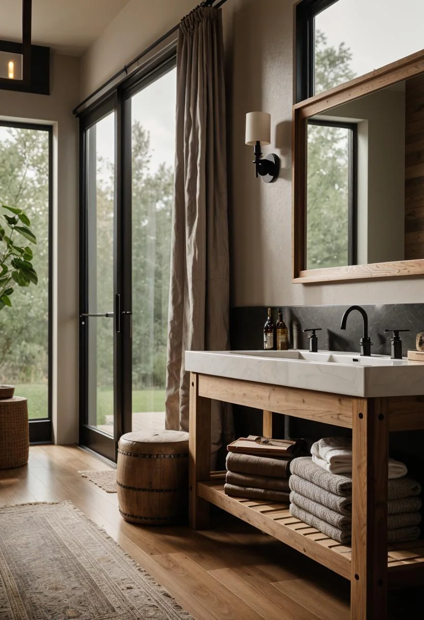 24 Chic Farmhouse Bathroom Designs for Cozy Living 47 24. Rustic Vanity Seat Trend-1