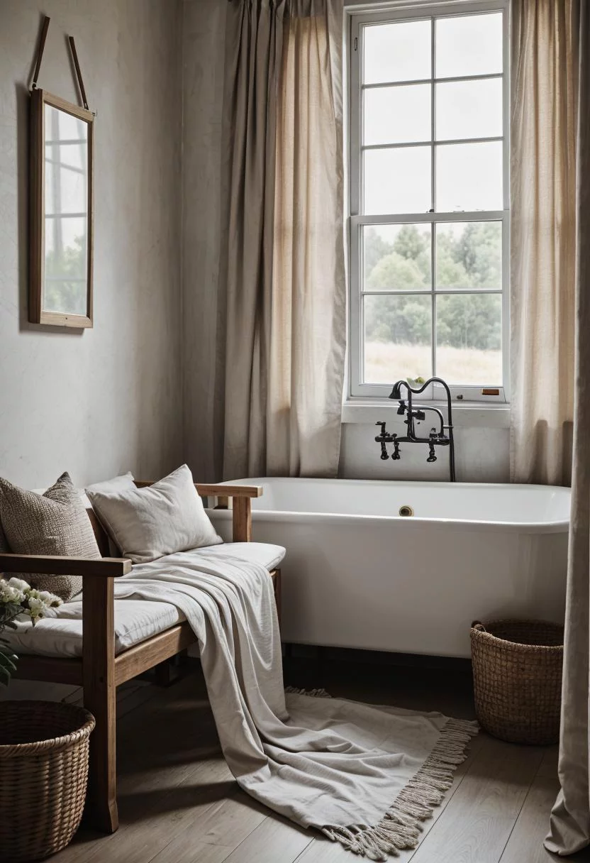 24 Chic Farmhouse Bathroom Designs for Cozy Living 40 21. Rustic Wood Bench with Cushion-0