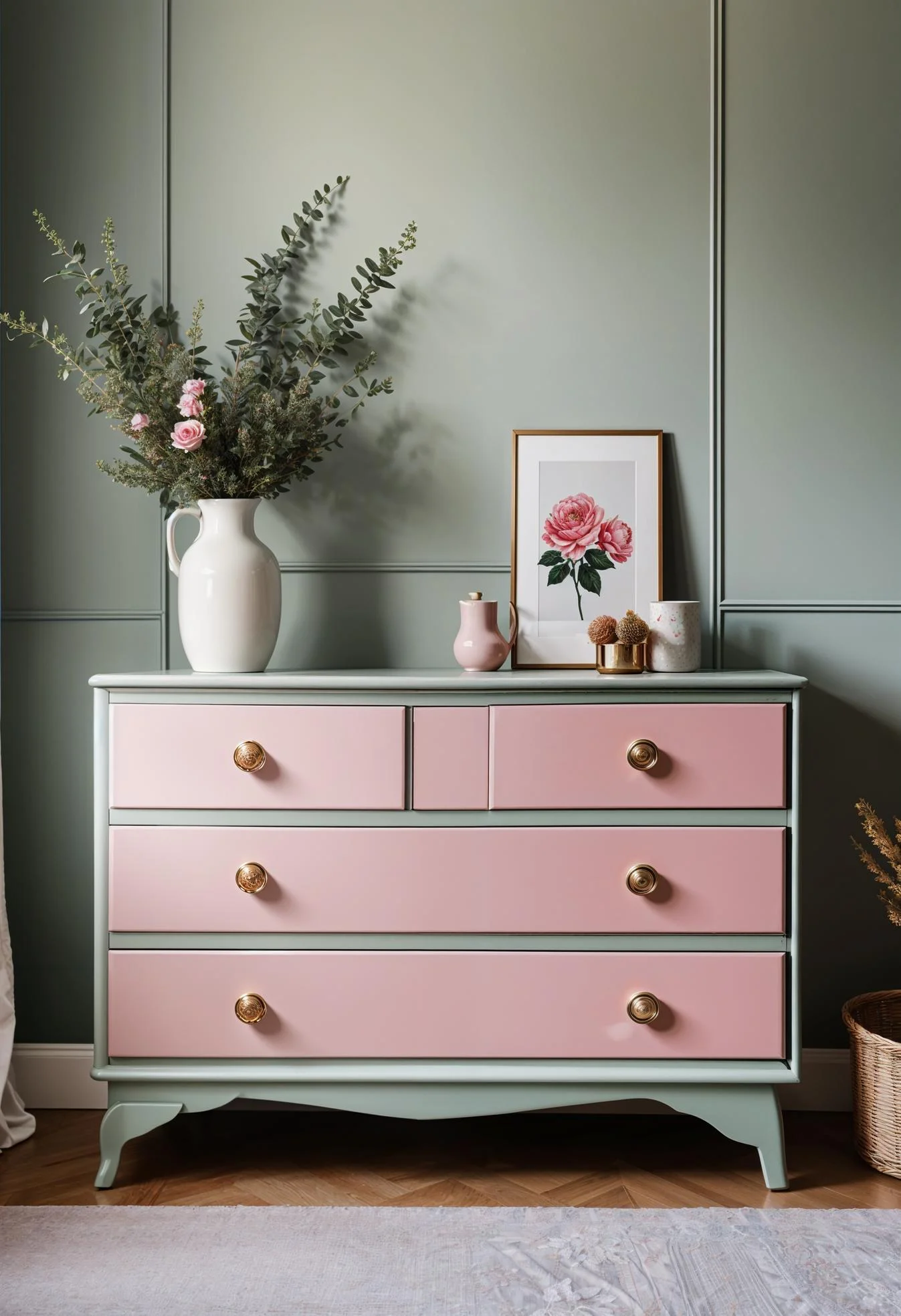 31 Chic Sage Green and Pink Bedroom Inspirations 14 8. Sage Dresser with Pink Knobs-0