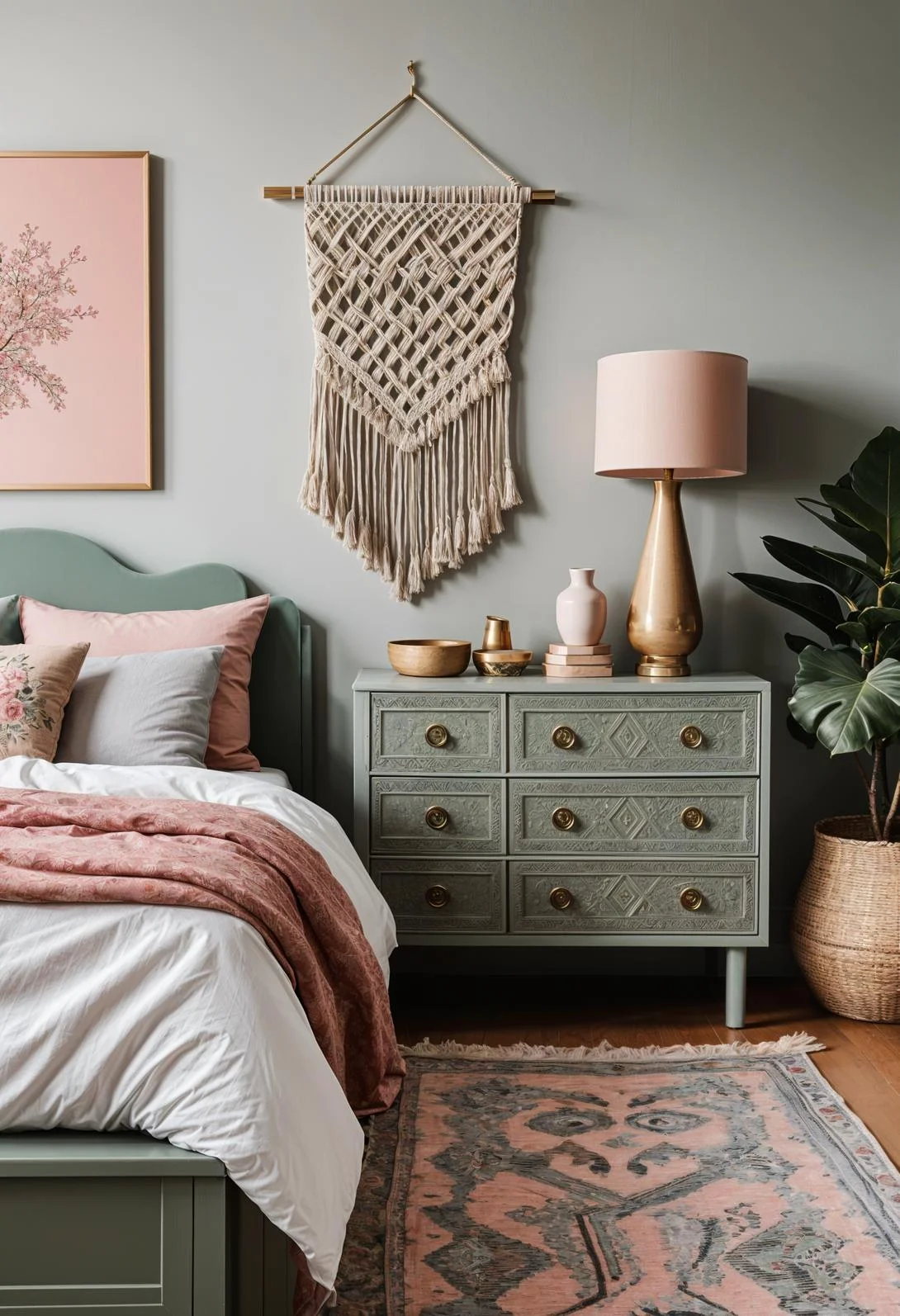 31 Chic Sage Green and Pink Bedroom Inspirations 15 8. Sage Dresser with Pink Knobs-1
