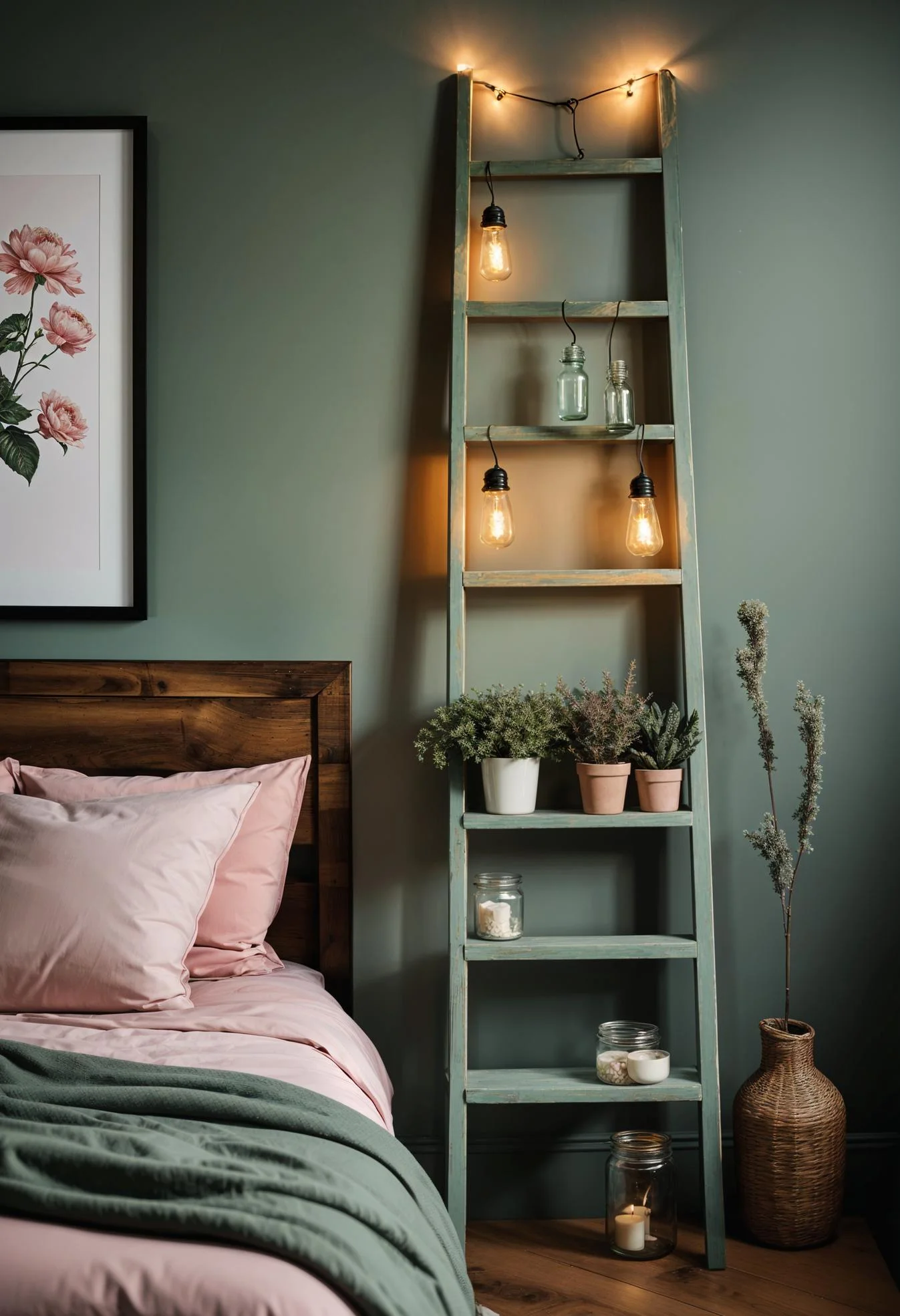 31 Chic Sage Green and Pink Bedroom Inspirations 42 27. Sage Green Ladder and Lights-0