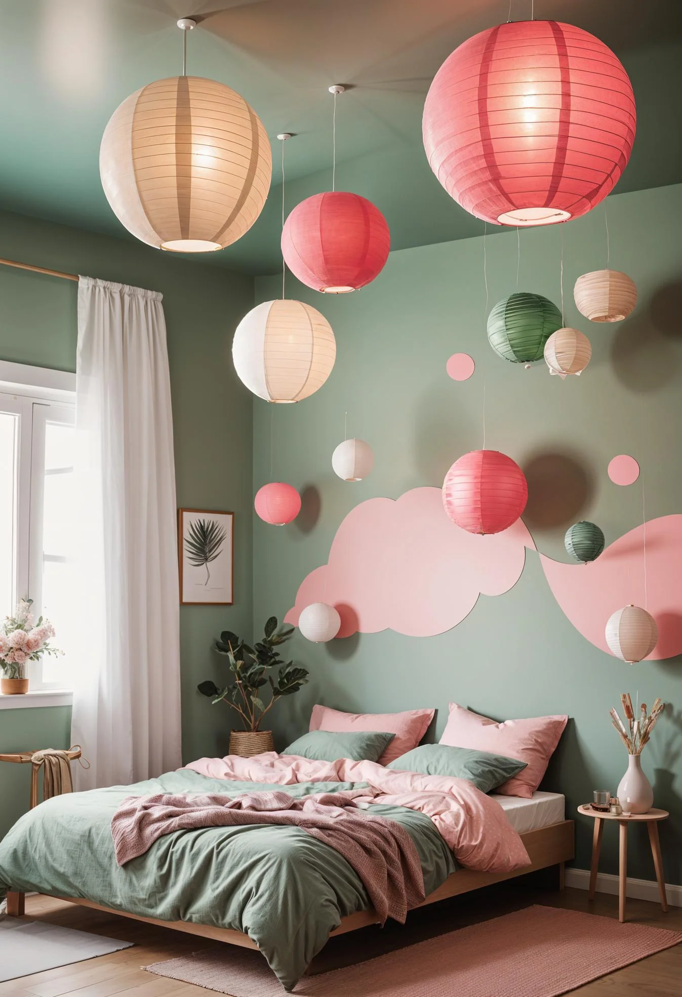 31 Chic Sage Green and Pink Bedroom Inspirations 46 30. Sage Pink Lantern Cluster DIY-0