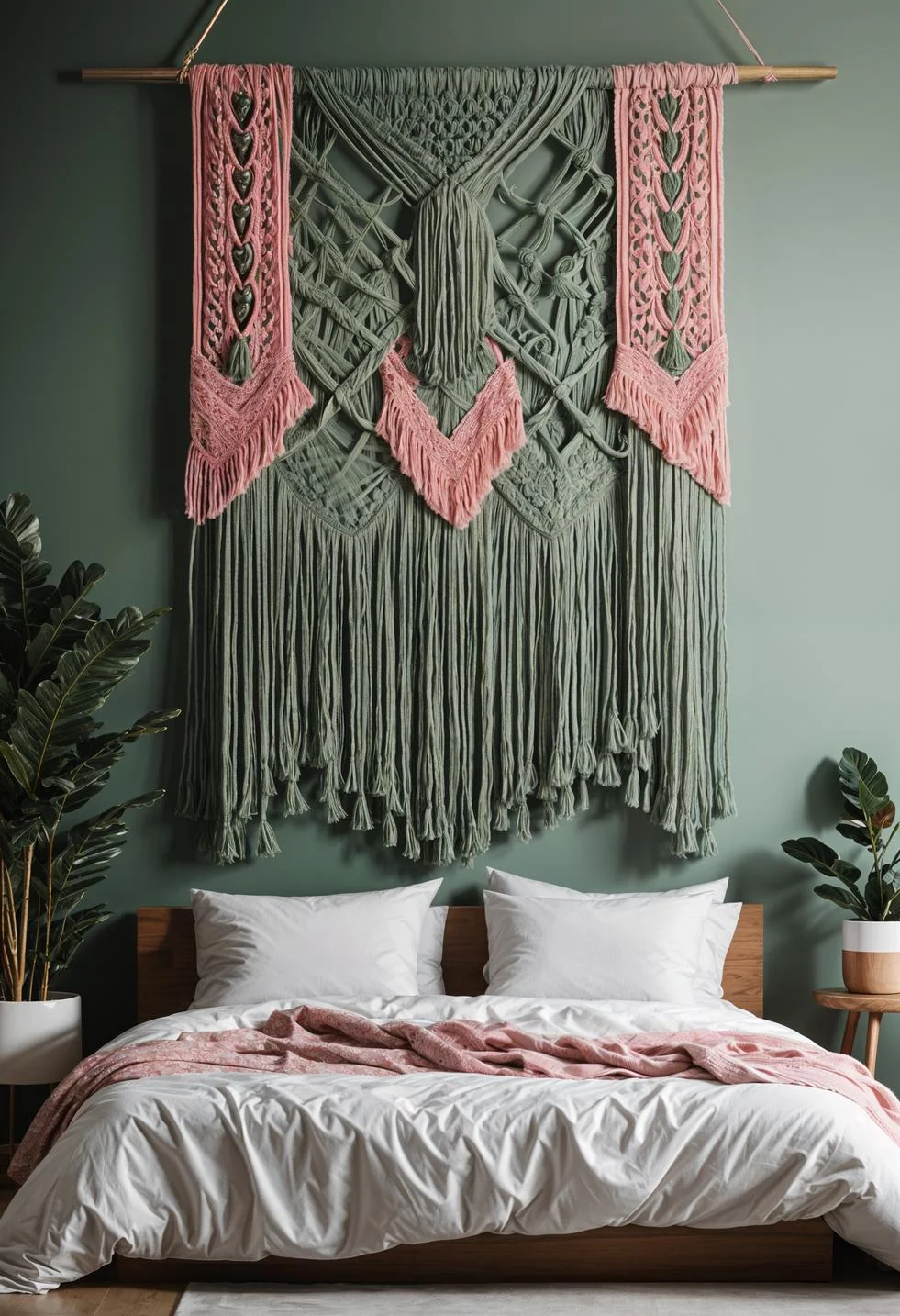 31 Chic Sage Green and Pink Bedroom Inspirations 21 13. Sage & Pink Macrame Wall Hangings-1