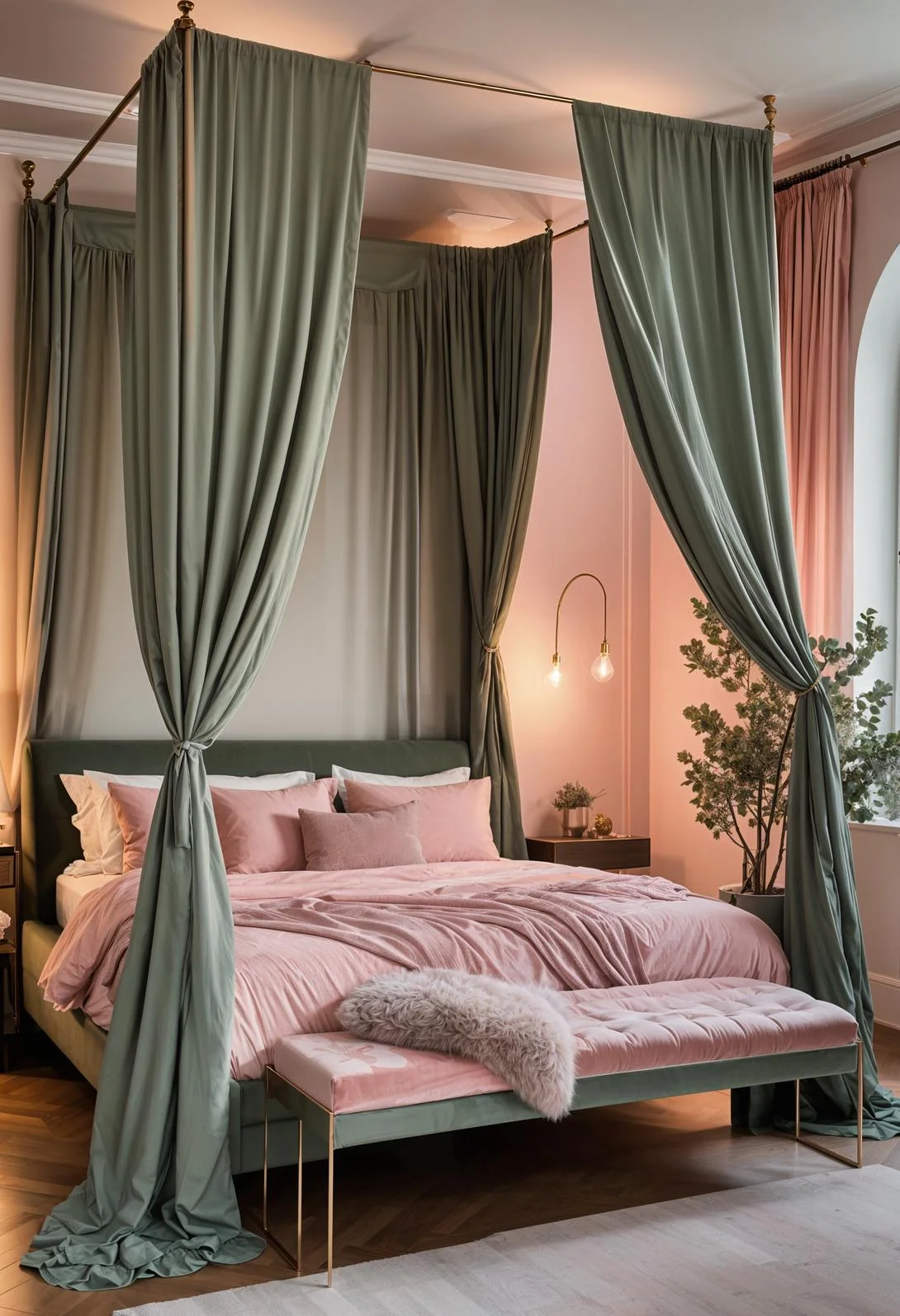 31 Chic Sage Green and Pink Bedroom Inspirations 26 17. Serene Canopy Bed Color Pairing-0
