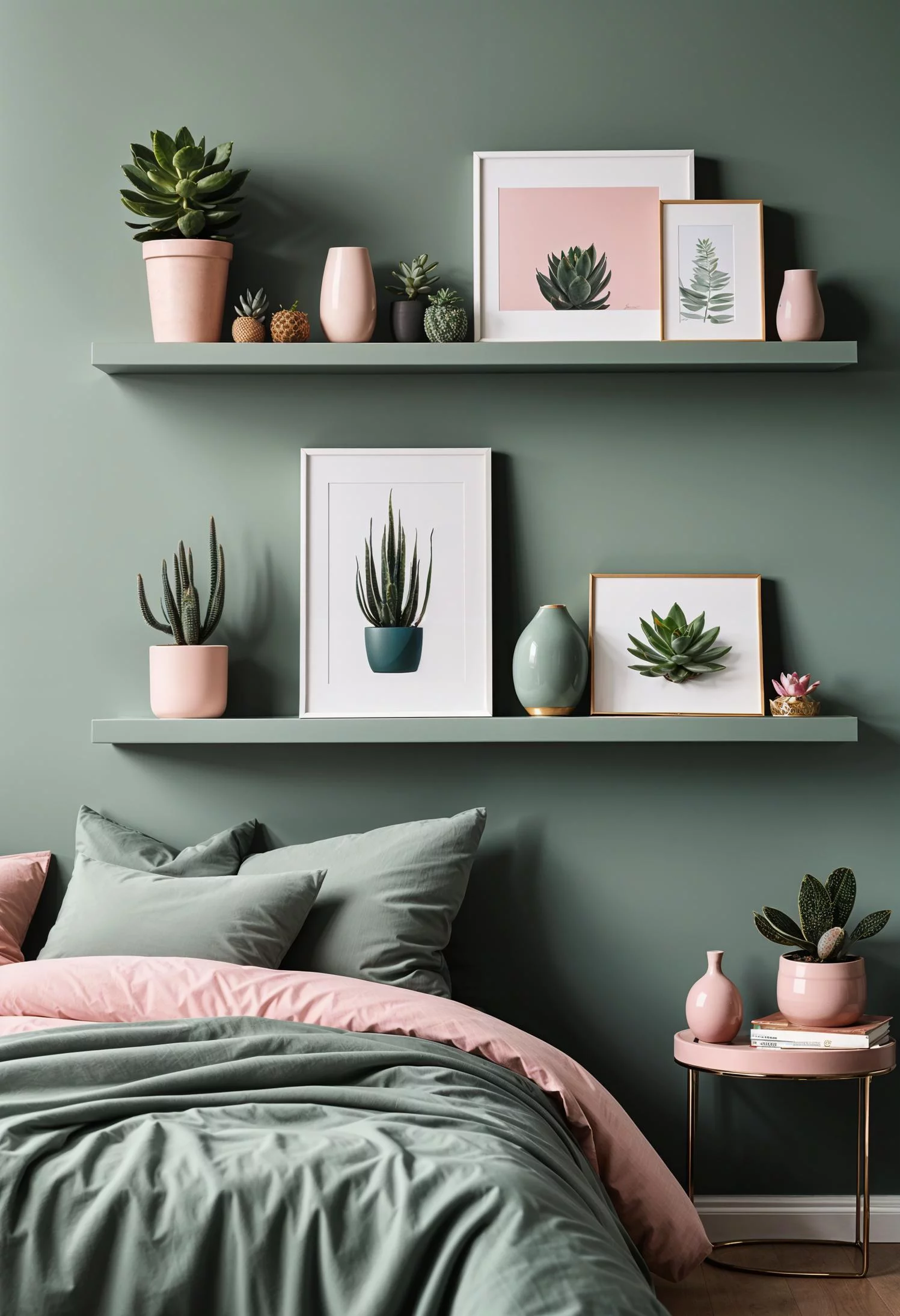 31 Chic Sage Green and Pink Bedroom Inspirations 17 10. Serene Shelving Decor in Blush-0